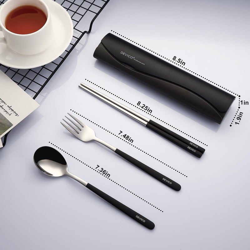 DEVICO Portable Travel Utensils with Case, Reusable Camping Silverware for Lunch, 18/8 Stainless Steel Cutlery Set (Black) - Image 2